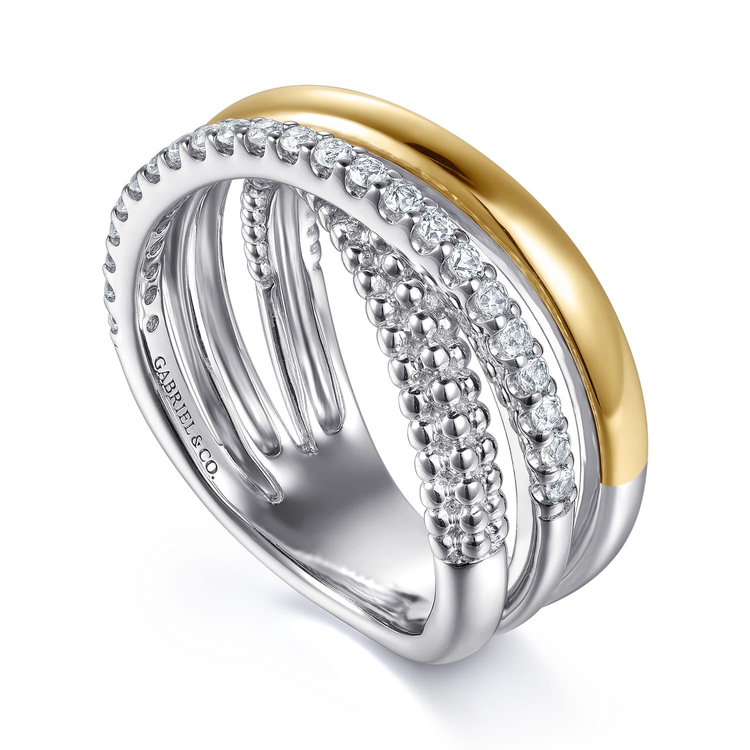 14K Yellow Gold and 925 Sterling Silver Bujukan Beaded White Sapphire Criss Cross Ring - Shot 3
