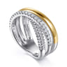 14K Yellow Gold and 925 Sterling Silver Bujukan Beaded White Sapphire Criss Cross Ring