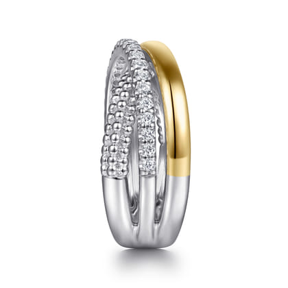 14K Yellow Gold and 925 Sterling Silver Bujukan Beaded White Sapphire Criss Cross Ring
