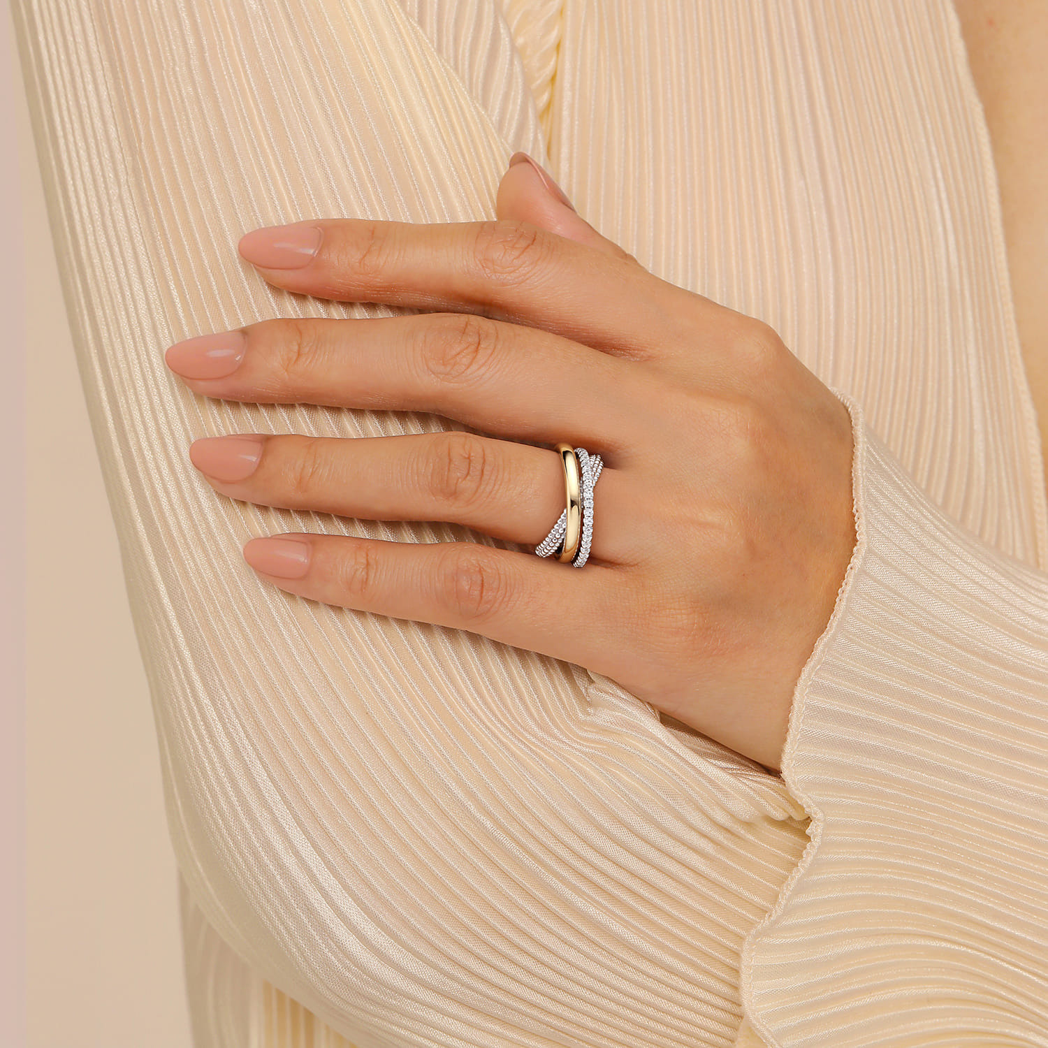 14K Yellow Gold and 925 Sterling Silver Bujukan Beaded White Sapphire Criss Cross Ring - Shot 5