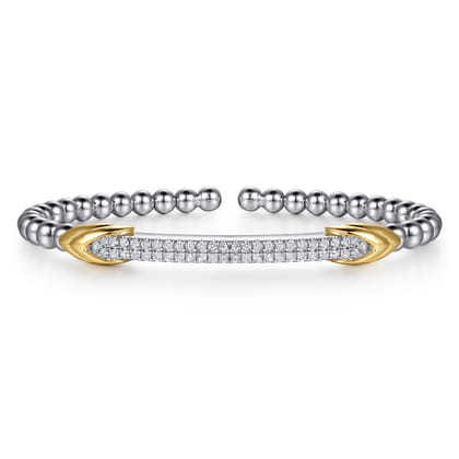 14K Yellow Gold and 925 Sterling Silver Bujukan Beaded White Sapphire Cuff Bangle Bracelet