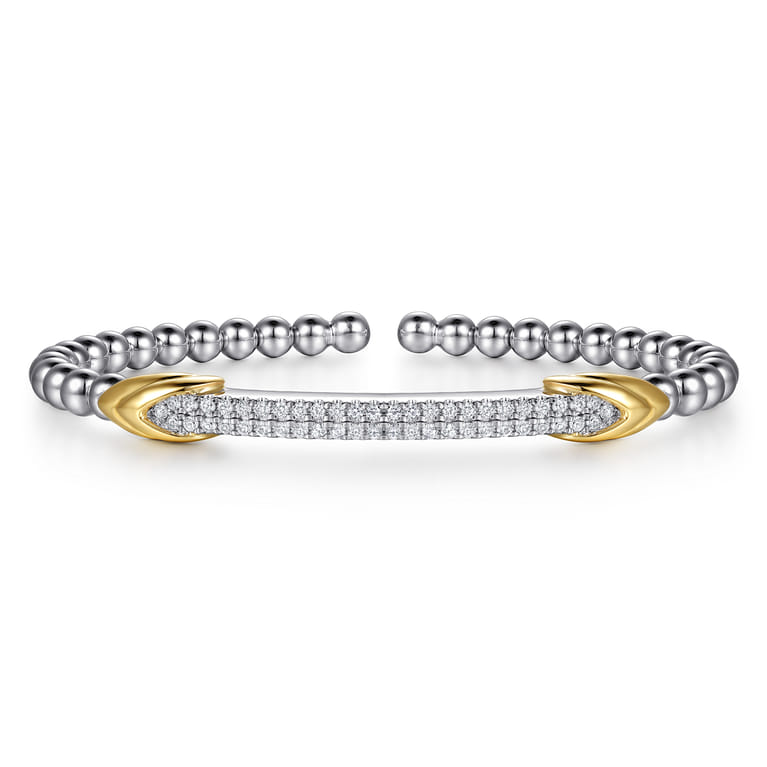 14K Yellow Gold and 925 Sterling Silver Bujukan Beaded White Sapphire Cuff Bangle Bracelet - Shot 1