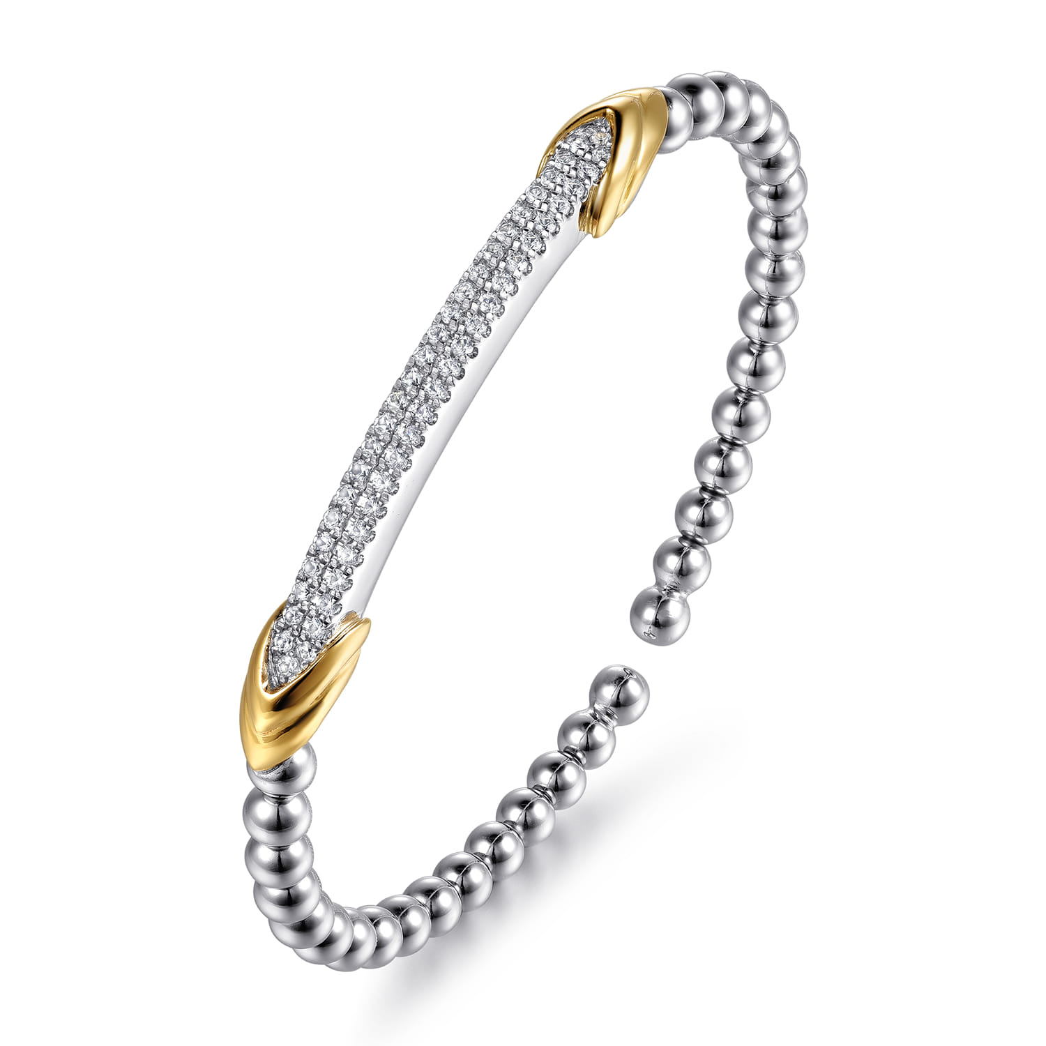 14K Yellow Gold and 925 Sterling Silver Bujukan Beaded White Sapphire Cuff Bangle Bracelet - Shot 2
