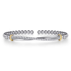 14K Yellow Gold and 925 Sterling Silver Bujukan Beaded White Sapphire Cuff Bangle Bracelet