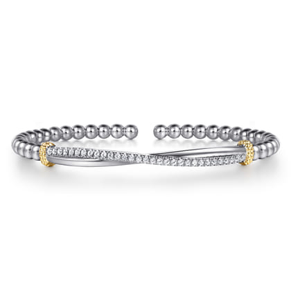 14K Yellow Gold and 925 Sterling Silver Bujukan Beaded White Sapphire Cuff Bangle Bracelet