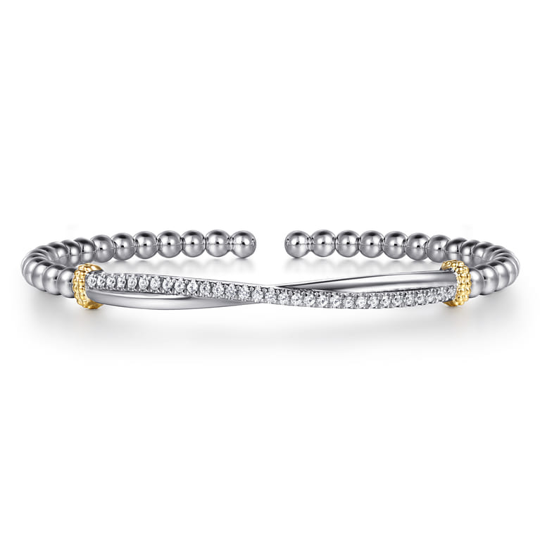 14K Yellow Gold and 925 Sterling Silver Bujukan Beaded White Sapphire Cuff Bangle Bracelet - Shot 1