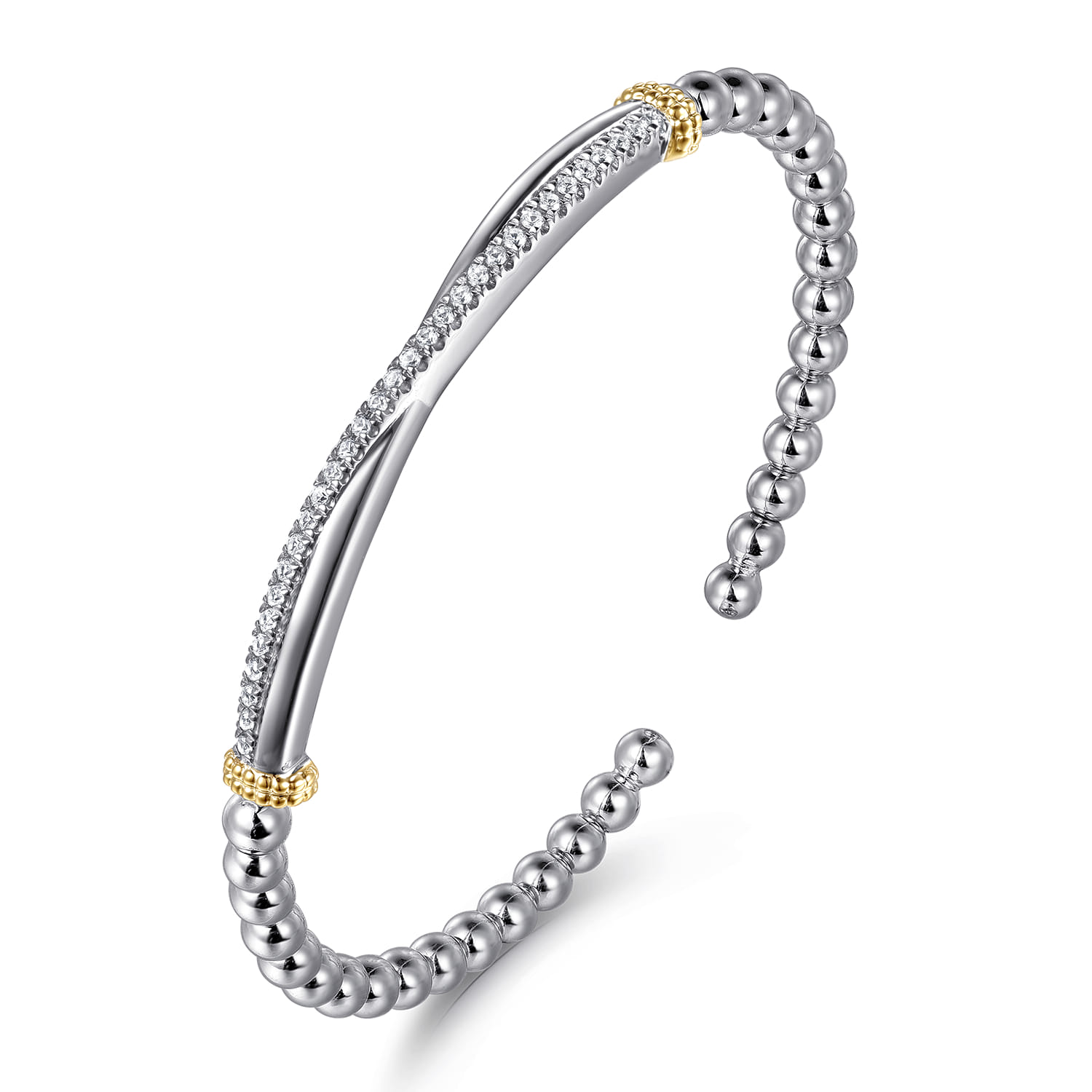 14K Yellow Gold and 925 Sterling Silver Bujukan Beaded White Sapphire Cuff Bangle Bracelet - Shot 2