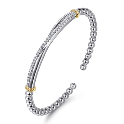 14K Yellow Gold and 925 Sterling Silver Bujukan Beaded White Sapphire Cuff Bangle Bracelet