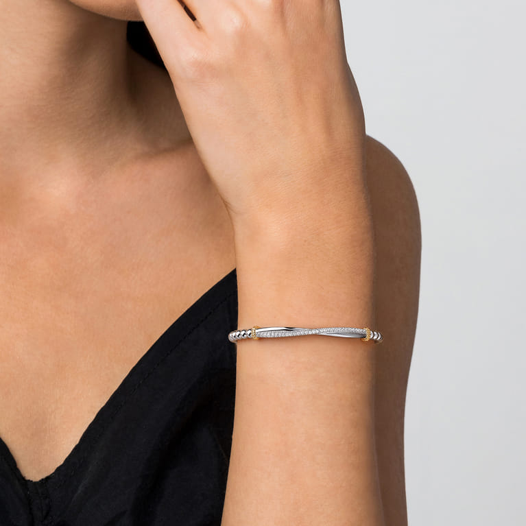 14K Yellow Gold and 925 Sterling Silver Bujukan Beaded White Sapphire Cuff Bangle Bracelet - Shot 4