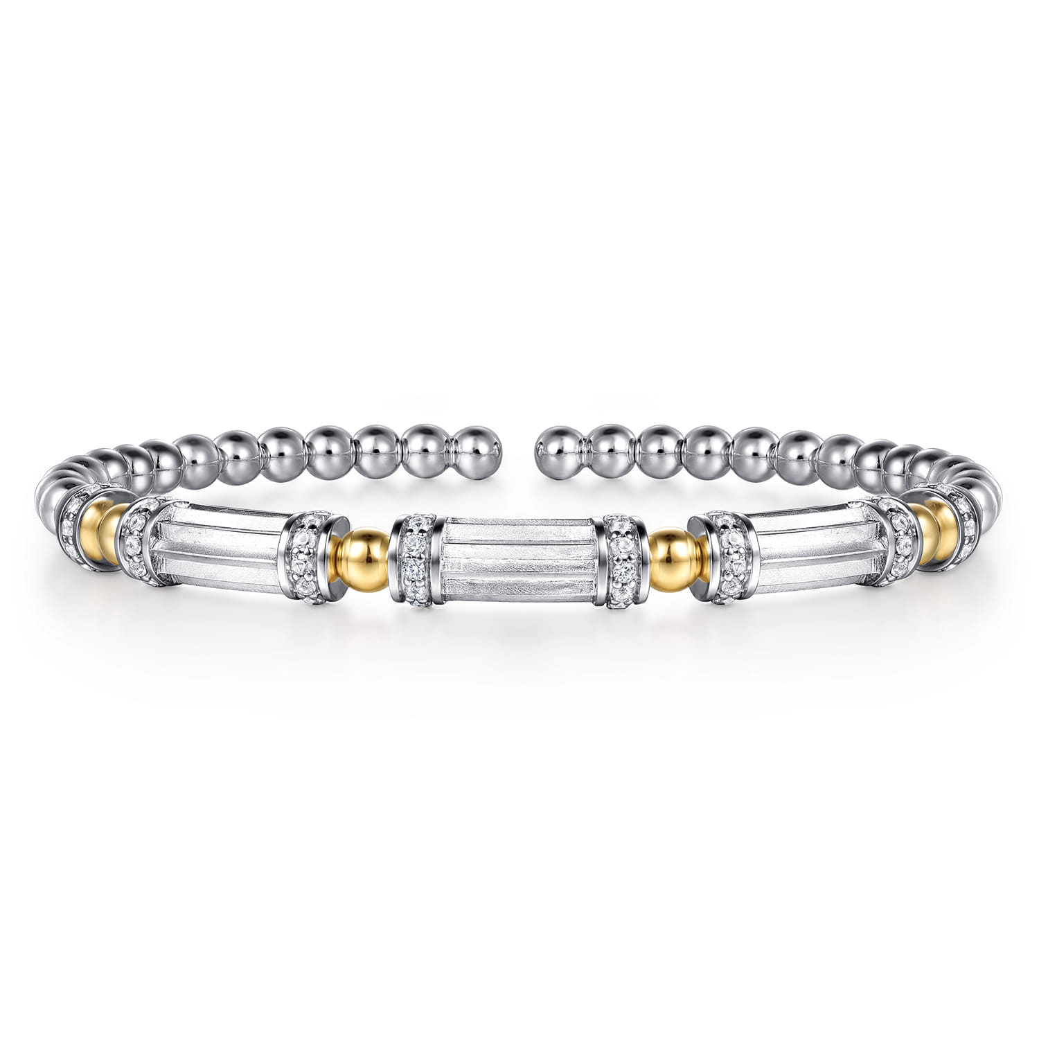 14K Yellow Gold and 925 Sterling Silver Bujukan Beaded White Sapphire Cuff Bangle Bracelet - Shot 1