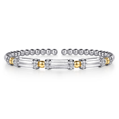14K Yellow Gold and 925 Sterling Silver Bujukan Beaded White Sapphire Cuff Bangle Bracelet