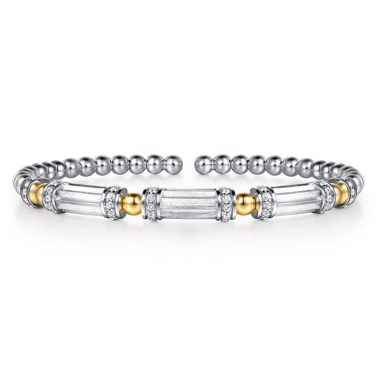 14K Yellow Gold and 925 Sterling Silver Bujukan Beaded White Sapphire Cuff Bangle Bracelet - Shot 1