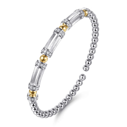 14K Yellow Gold and 925 Sterling Silver Bujukan Beaded White Sapphire Cuff Bangle Bracelet