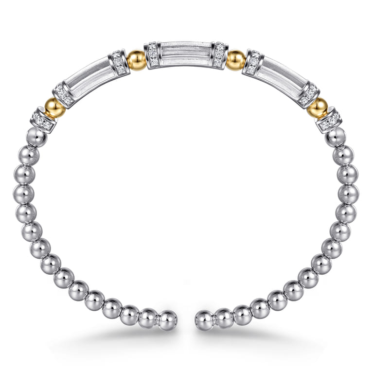 14K Yellow Gold and 925 Sterling Silver Bujukan Beaded White Sapphire Cuff Bangle Bracelet - Shot 3