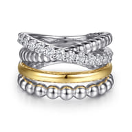 14K Yellow Gold and 925 Sterling Silver Bujukan Beaded White Sapphire Easy Stackable Ring