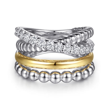 14K Yellow Gold and 925 Sterling Silver Bujukan Beaded White Sapphire Easy Stackable Ring