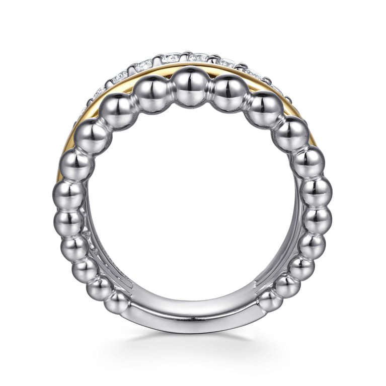 14K Yellow Gold and 925 Sterling Silver Bujukan Beaded White Sapphire Easy Stackable Ring - Shot 2