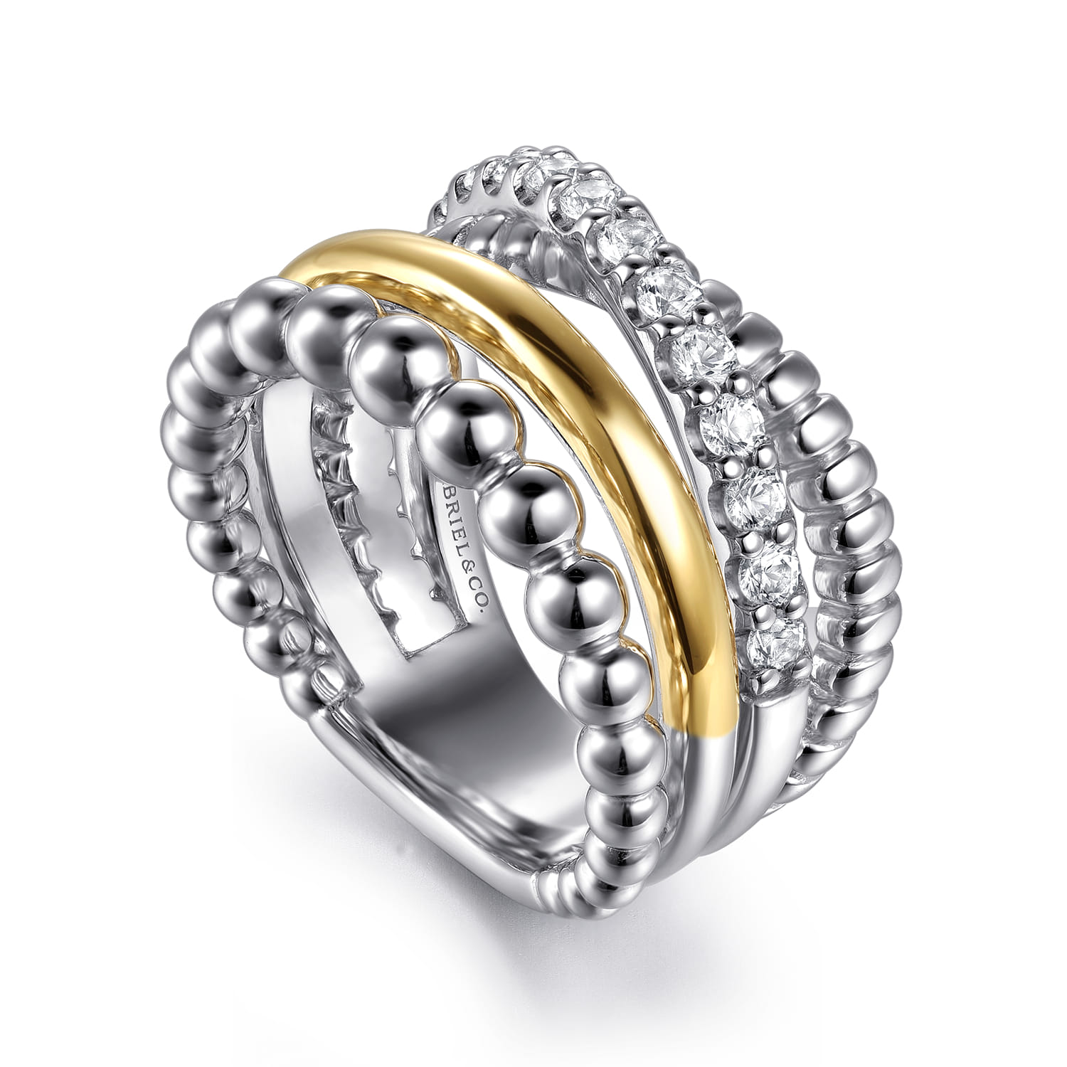 14K Yellow Gold and 925 Sterling Silver Bujukan Beaded White Sapphire Easy Stackable Ring - Shot 3