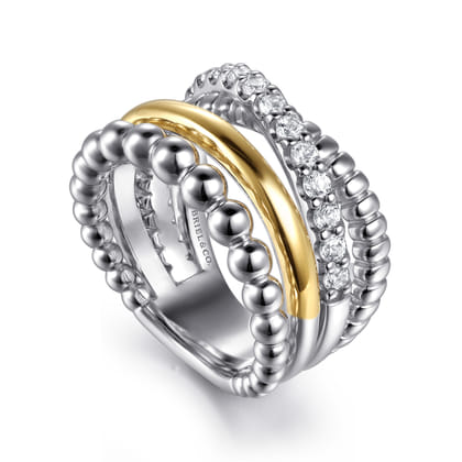14K Yellow Gold and 925 Sterling Silver Bujukan Beaded White Sapphire Easy Stackable Ring
