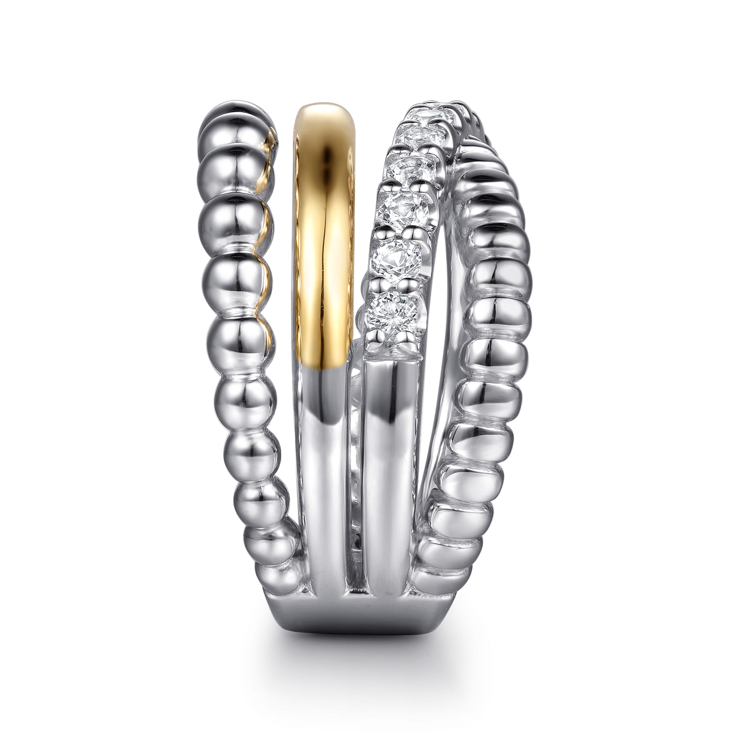 14K Yellow Gold and 925 Sterling Silver Bujukan Beaded White Sapphire Easy Stackable Ring - Shot 4