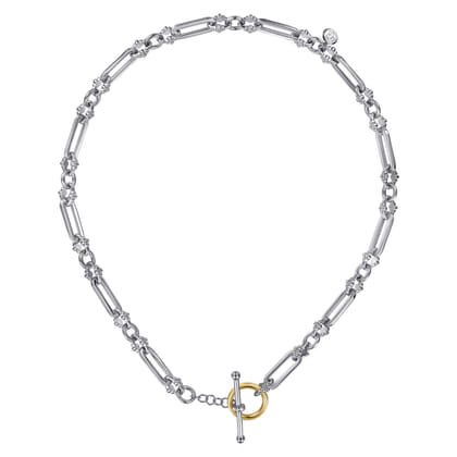 14K Yellow Gold and 925 Sterling Silver Bujukan Beaded White Sapphire Link Chain Necklace