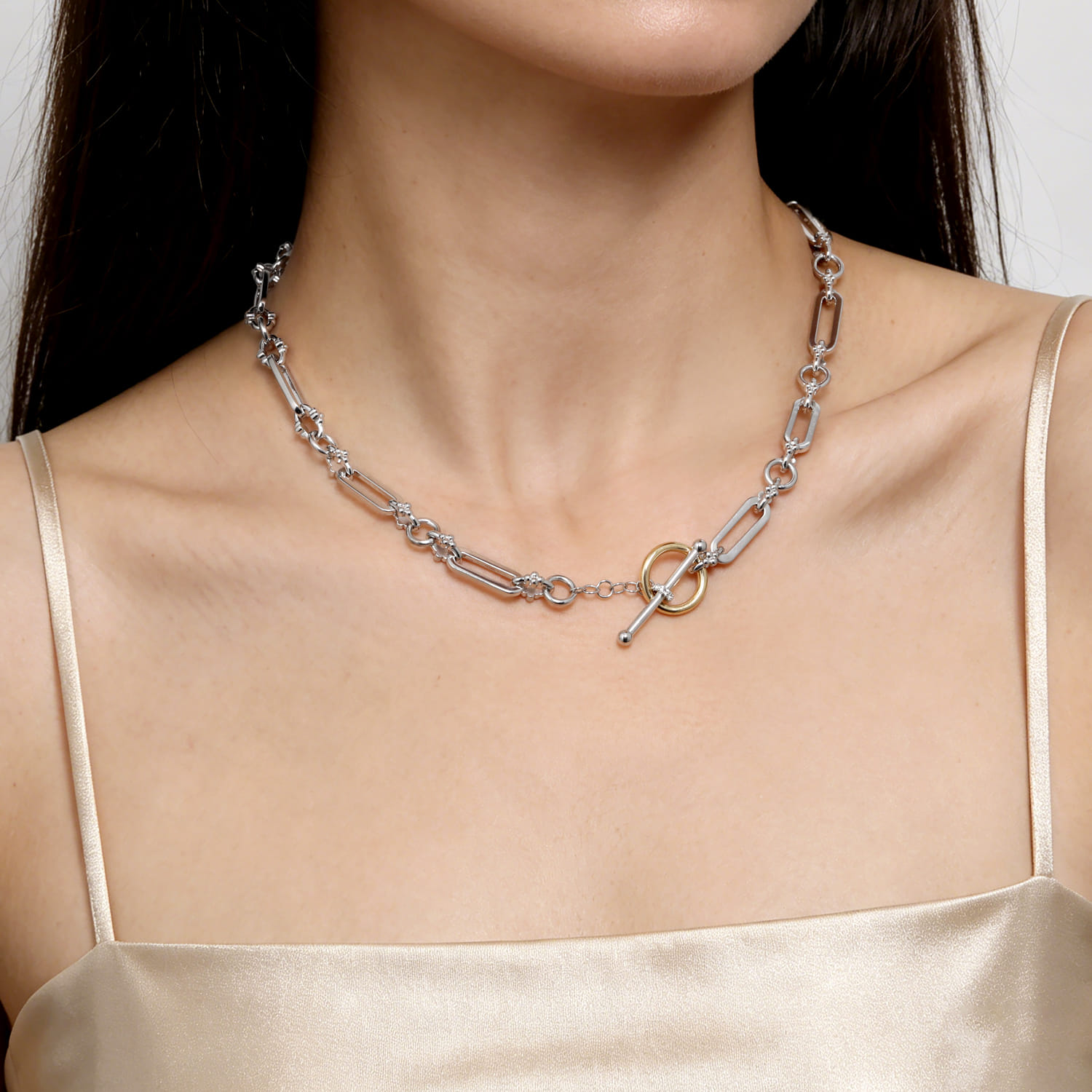 14K Yellow Gold and 925 Sterling Silver Bujukan Beaded White Sapphire Link Chain Necklace - Shot 3