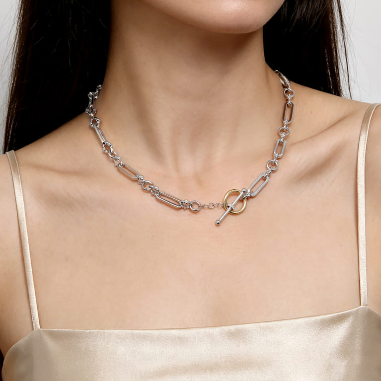 14K Yellow Gold and 925 Sterling Silver Bujukan Beaded White Sapphire Link Chain Necklace - Shot 3