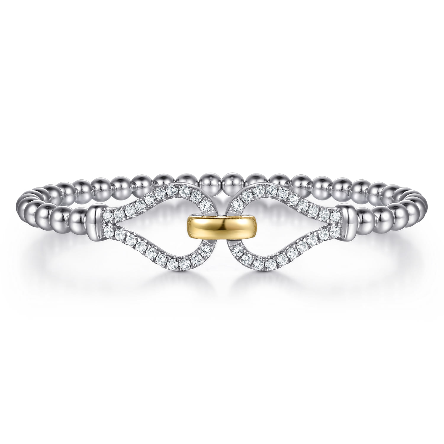 14K Yellow Gold and 925 Sterling Silver Bujukan Beaded White Sapphire Stirrup Closed Bangle Bracelet - Shot 1