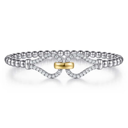 14K Yellow Gold and 925 Sterling Silver Bujukan Beaded White Sapphire Stirrup Closed Bangle Bracelet