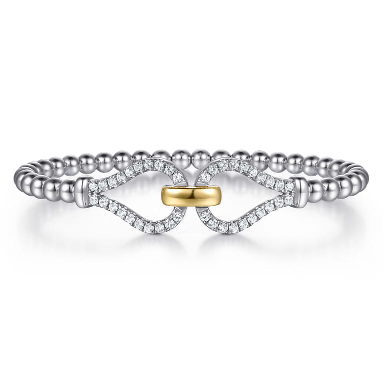 14K Yellow Gold and 925 Sterling Silver Bujukan Beaded White Sapphire Stirrup Closed Bangle Bracelet - Shot 1