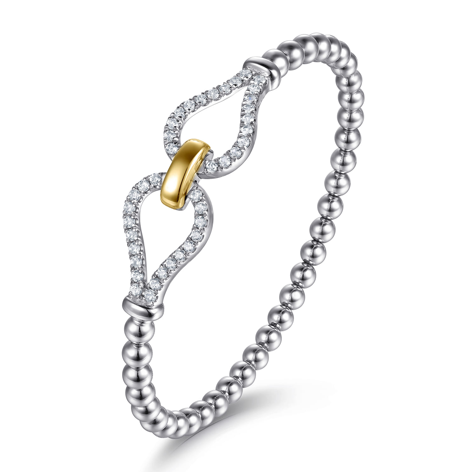 14K Yellow Gold and 925 Sterling Silver Bujukan Beaded White Sapphire Stirrup Closed Bangle Bracelet - Shot 2