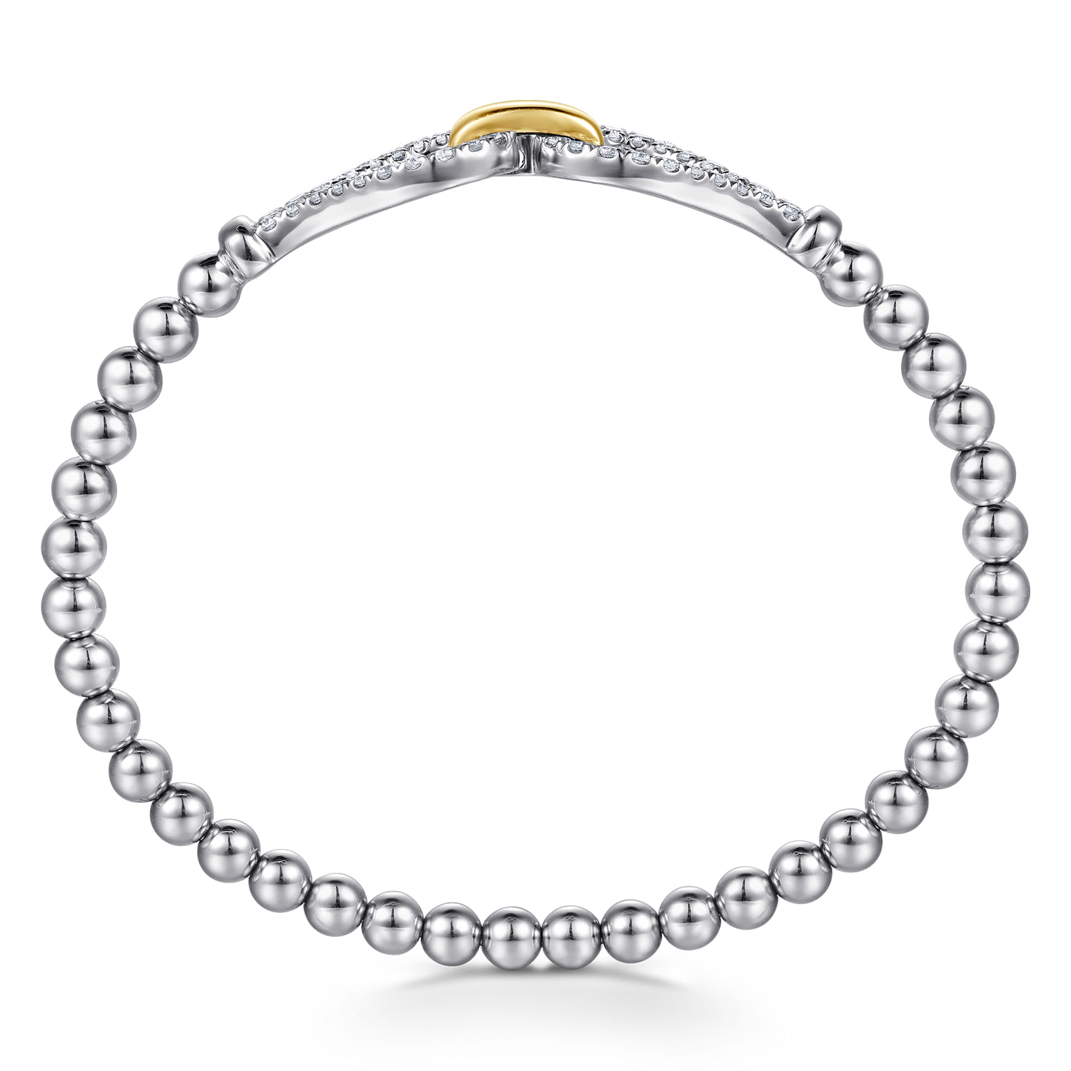 14K Yellow Gold and 925 Sterling Silver Bujukan Beaded White Sapphire Stirrup Closed Bangle Bracelet - Shot 3