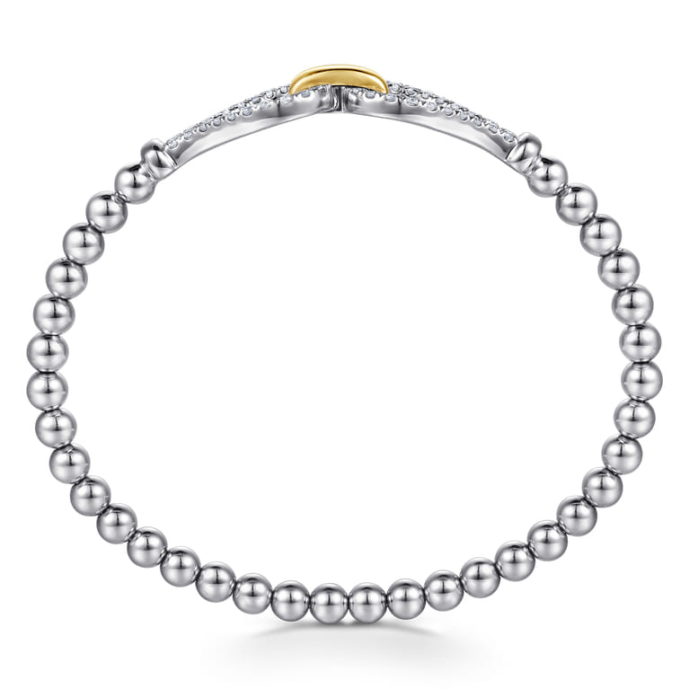 14K Yellow Gold and 925 Sterling Silver Bujukan Beaded White Sapphire Stirrup Closed Bangle Bracelet - Shot 3