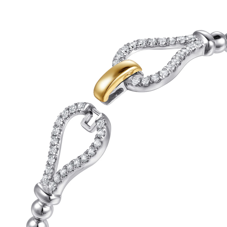 14K Yellow Gold and 925 Sterling Silver Bujukan Beaded White Sapphire Stirrup Closed Bangle Bracelet - Shot 4