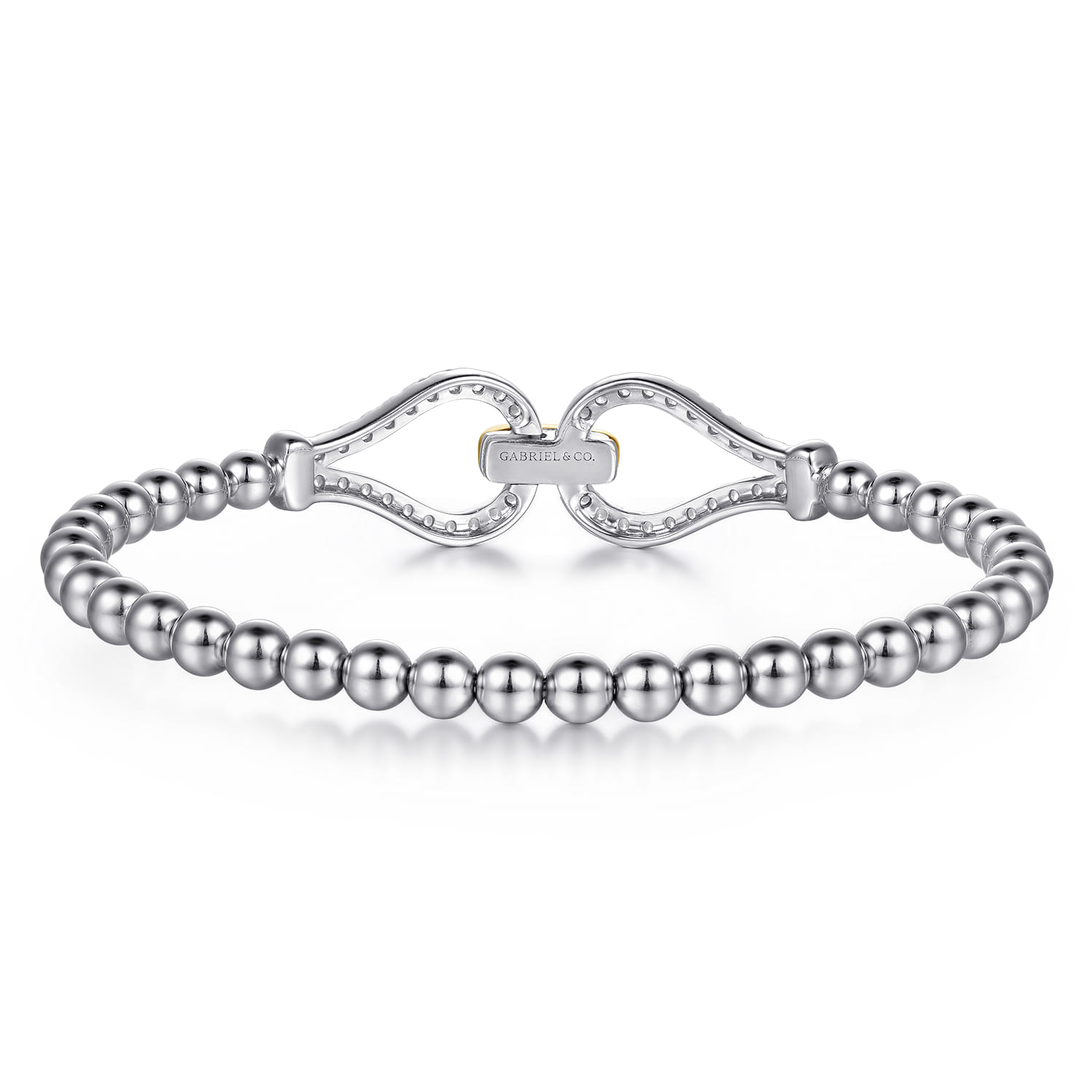 14K Yellow Gold and 925 Sterling Silver Bujukan Beaded White Sapphire Stirrup Closed Bangle Bracelet - Shot 5