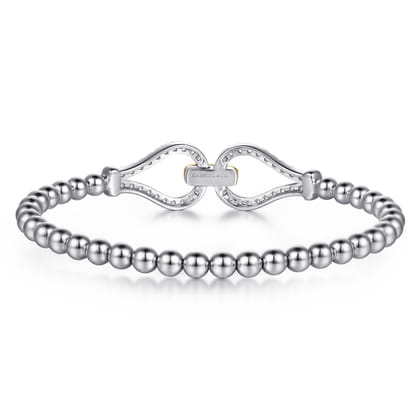 14K Yellow Gold and 925 Sterling Silver Bujukan Beaded White Sapphire Stirrup Closed Bangle Bracelet