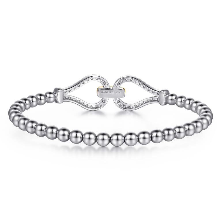 14K Yellow Gold and 925 Sterling Silver Bujukan Beaded White Sapphire Stirrup Closed Bangle Bracelet - Shot 5