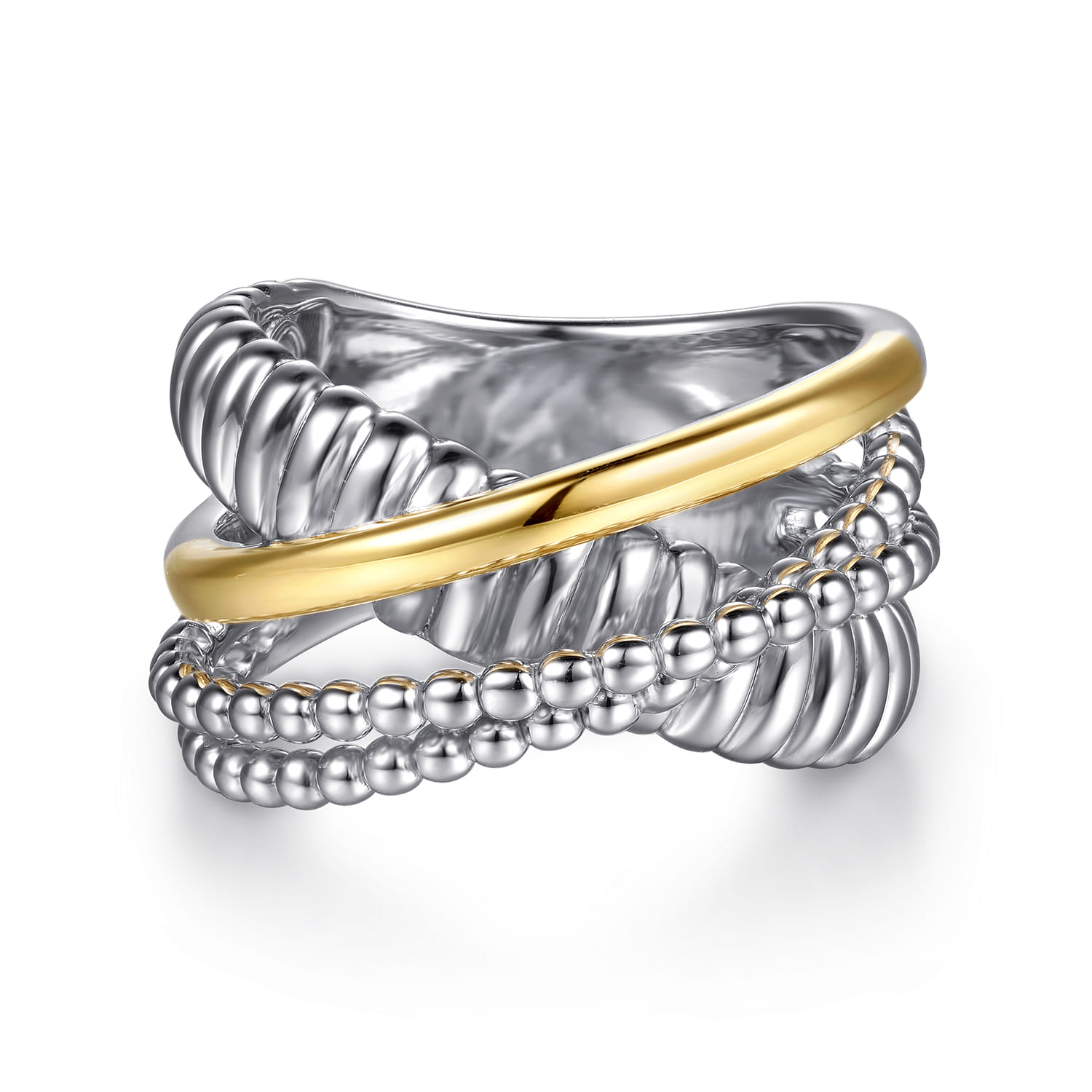14K Yellow Gold and 925 Sterling Silver Bujukan Beaded and Shrimp Criss Cross Ring - Shot 1