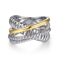14K Yellow Gold and 925 Sterling Silver Bujukan Beaded and Shrimp Criss Cross Ring