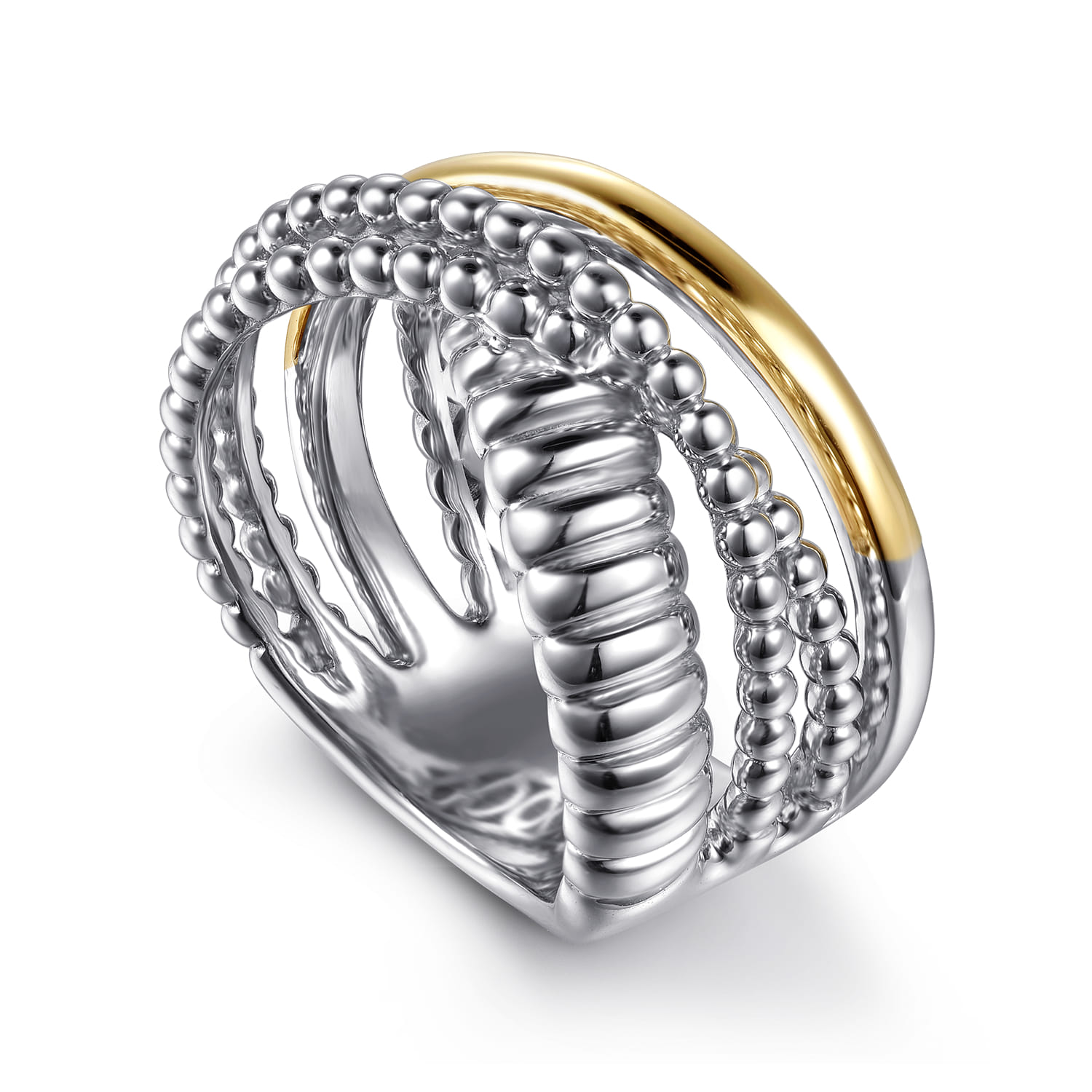 14K Yellow Gold and 925 Sterling Silver Bujukan Beaded and Shrimp Criss Cross Ring - Shot 3