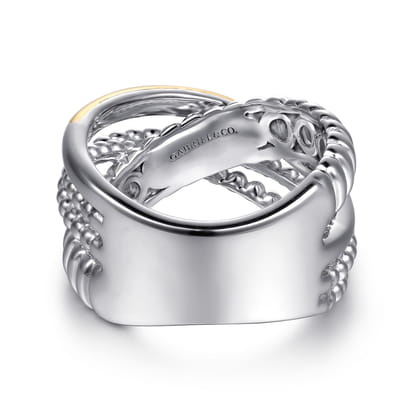 14K Yellow Gold and 925 Sterling Silver Bujukan Beaded and Shrimp Criss Cross Ring