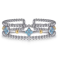 14K Yellow Gold and 925 Sterling Silver Bujukan Beads and Blue Topaz Clover Split Bangle Bracelet