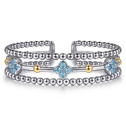 14K Yellow Gold and 925 Sterling Silver Bujukan Beads and Blue Topaz Clover Split Bangle Bracelet