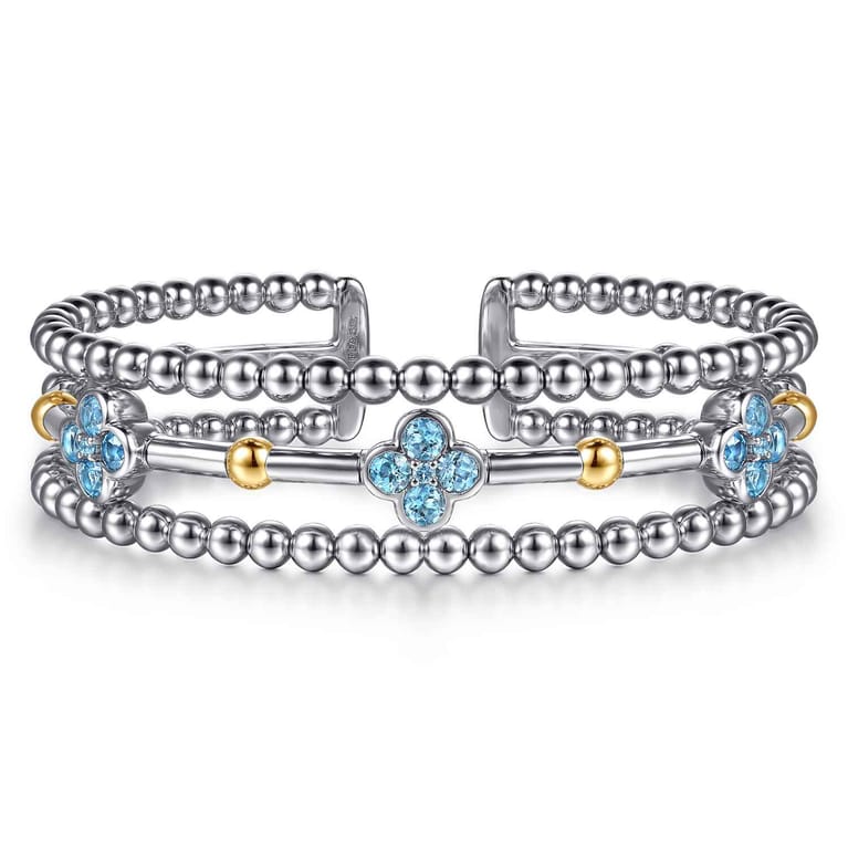 14K Yellow Gold and 925 Sterling Silver Bujukan Beads and Blue Topaz Clover Split Bangle Bracelet - Shot 1