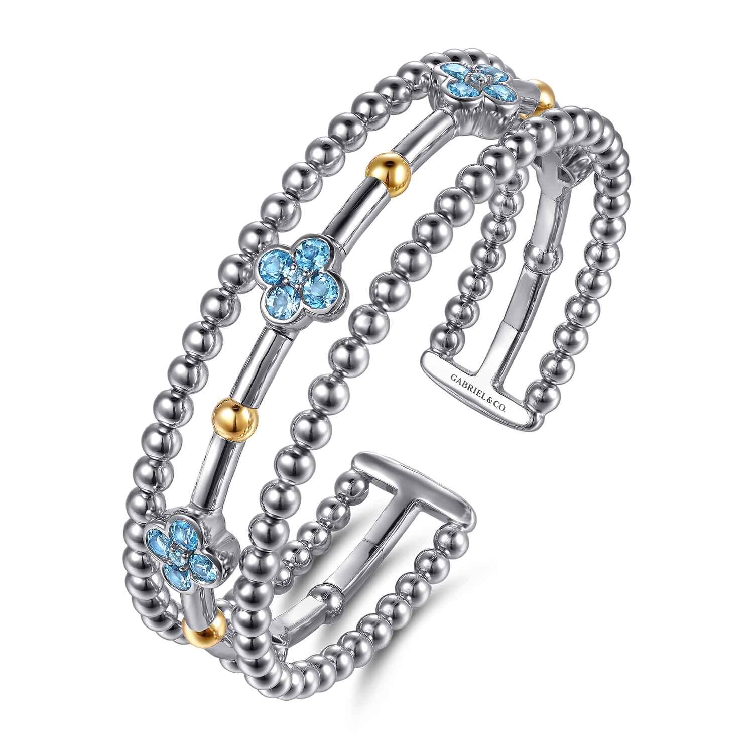 14K Yellow Gold and 925 Sterling Silver Bujukan Beads and Blue Topaz Clover Split Bangle Bracelet