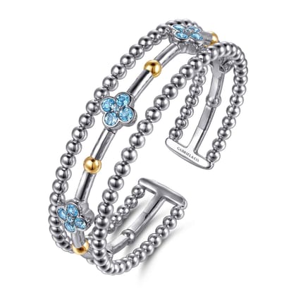 14K Yellow Gold and 925 Sterling Silver Bujukan Beads and Blue Topaz Clover Split Bangle Bracelet