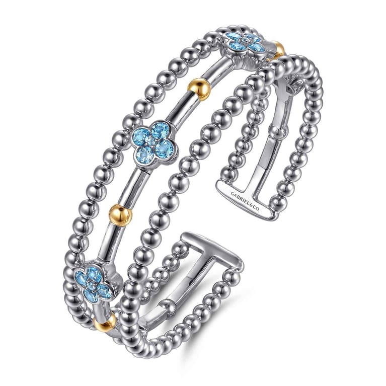 14K Yellow Gold and 925 Sterling Silver Bujukan Beads and Blue Topaz Clover Split Bangle Bracelet - Shot 2