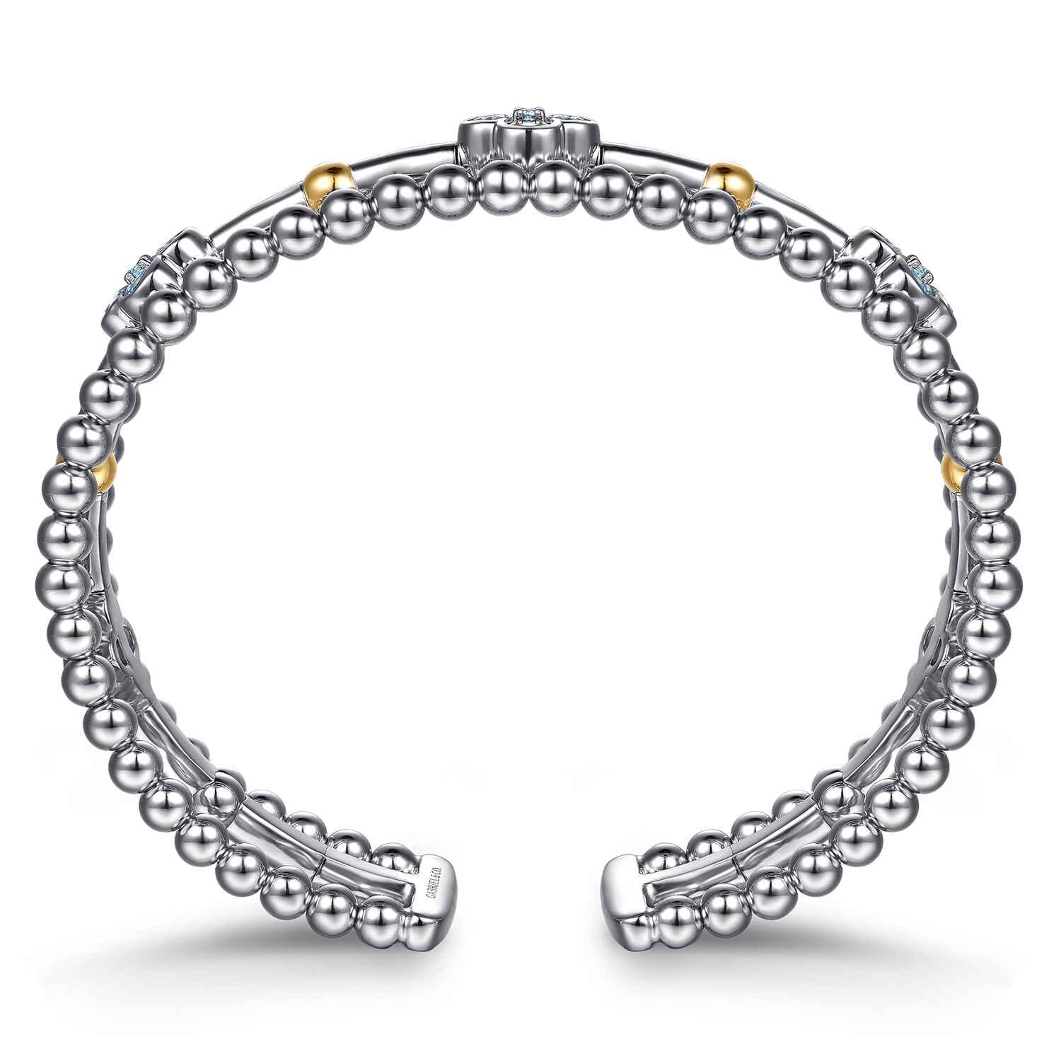 14K Yellow Gold and 925 Sterling Silver Bujukan Beads and Blue Topaz Clover Split Bangle Bracelet
