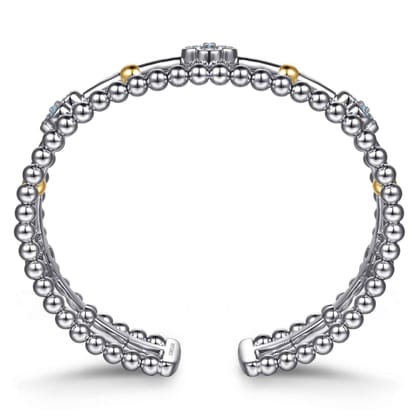 14K Yellow Gold and 925 Sterling Silver Bujukan Beads and Blue Topaz Clover Split Bangle Bracelet
