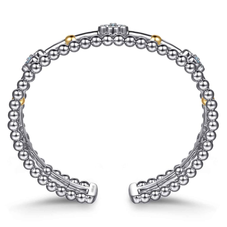 14K Yellow Gold and 925 Sterling Silver Bujukan Beads and Blue Topaz Clover Split Bangle Bracelet - Shot 3